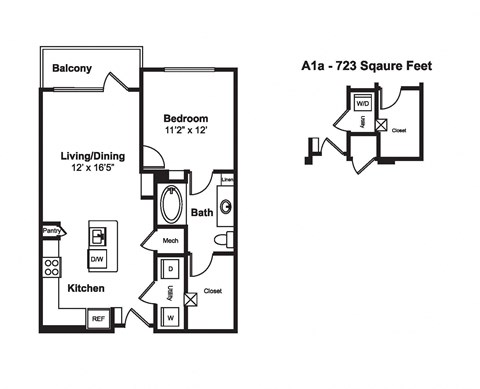 Floor plan for 1 bed, 1 bath, 735 sqft